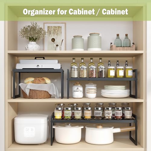 DOLALIKE Expandable kitchen Countertop Organizer, Stackable Cabinet Shelf Organizers, Space Saving Spice Rack Pantry Storage for Bathroom Office Organization (Black, 2 Pack) - color: Black, 2 Pack