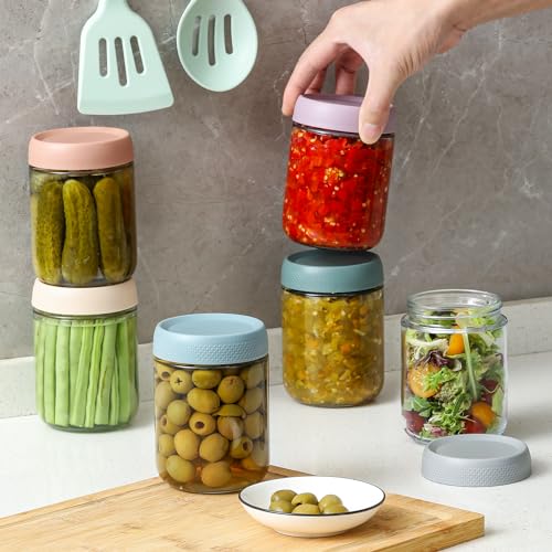 NETANY 12-pack 16oz Glass jars with Airtight Lids, Overnight Oats Containers with Lids, Wide mouth Mason Salad jars, Glass Food Storage Containers for Snacks Yogurt Spice Sugar - color: Multicolor-12pack-16oz
