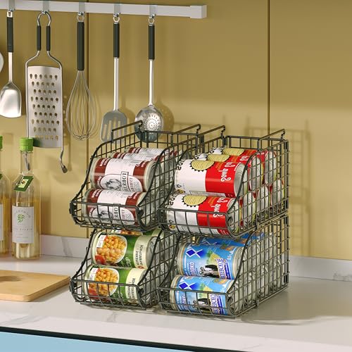 Sonyabecca 4-Pack Stackable Canned Food Organizer with Handles for Kitchen, Soda Can Organizer for Pantry Shelves, Wire Cabinet Shelf for Can Storage, Foldable Soda Dispenser, Patent Pending, Black - color: Black, size: 4 Pack