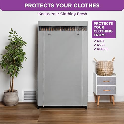 HOLDN’ STORAGE Portable Wardrobe Closet - 50 lb Capacity, Internal Heavy Duty Metal Rod, Zipper & Clear Window, Durable Clothes Organizer, Tool-Free Easy Assembly, Dark Gray Canvas Cover - color: Dark Gray, size: Medium