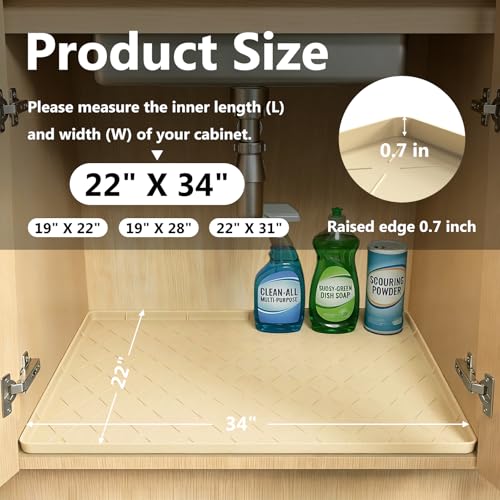 Mateeylife Under Sink Mats for Kitchen Waterproof 34"X22", Undersink Protectors，Silicone Mat Cabinet Liner, Under Sink Organizer for Bathroom and Kitchen，Boot Tray Pet Food Mat, Khaki - color: Khaki, size: 22''W x 34''L