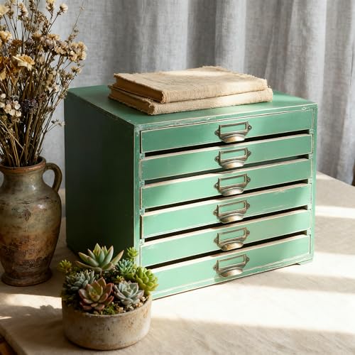 Vintage Wooden Desktop Organizer Cabinet with 6-Drawer Rustic Wood Shelf Drawer Antique Card Catalog Cabinet Distressed Decor Jewelry Cosmetics Craft Paper Storage Box for Home Office (Green#2) - color: Green#2