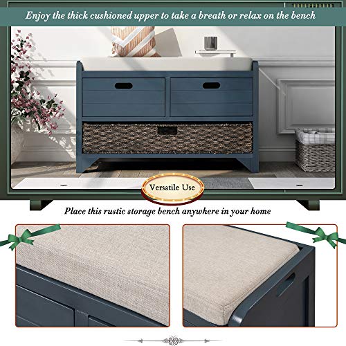 Fully Assembled Storage Bench - Solid Acacia Wood Shoe Organizer with 2 Drawers & Removable Rattan Basket, Rustic Hallway Seating (Navy) - color: Navy