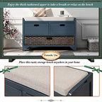 Fully Assembled Storage Bench - Solid Acacia Wood Shoe Organizer with 2 Drawers & Removable Rattan Basket, Rustic Hallway Seating (Navy) - color: Navy