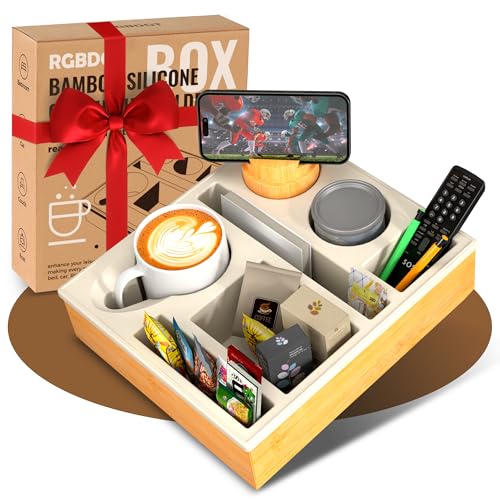 Couch Cup Holder Tray - Couch Organizer Caddy, Silicone Beach Caddy with Cup Holder, Sofa and Bed Drink Holder and Couch Tray Table for Snacks Beverage Remote (Beige) - color: Beige