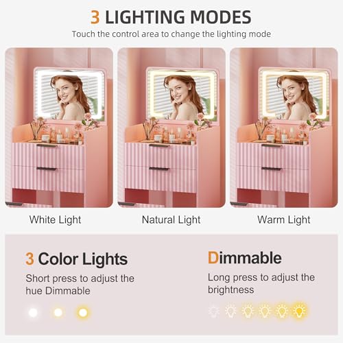 Gurexl Fluted Small Vanity Desk with Mirror and Lights, 3-in-1 Compact Makeup Vanity Set with Hidden Storage Stool, Mini Dressing Table with 3 Drawers for Little Girls (Pink) - color: Pink