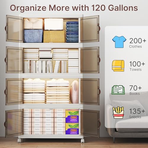 UAMFURI Stackable Storage Bins with Lids, 480QT Closet Organizers, Lockable Storage Cabinet，Foldable Storage Box with Doors and Wheels, Plastic Drawers for Home, Garage, Office (4, White, Large) - color: White, size: Large