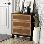 COZAYH Farmhouse 3-Drawer Nightstand, Set of 2 Woven Cane Front Accent Dresser with Brass Pull, Fully-Assembled, Black - color: Black, style: 3 Drawer/2 pack