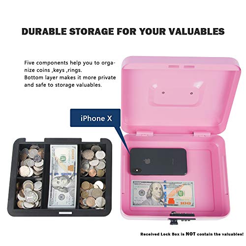 Kyodoled Large Cash Box with Combination Lock,Safe Metal Money Box with Money Tray for Security Lock Box 9.84"x 7.87"x 3.54" Pink Large - color: Pink, size: Large