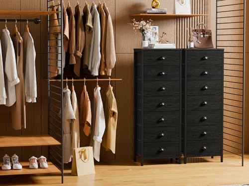 Furnulem Bedroom Dresser, Tall Chests of Drawers with 7 Fabric Bins, Black Organizer in Closet, Dorm, Living Room, Nursery, Hallyway-Storage Tower Unit, Sturdy Steel Frame - color: Black Oak, size: 11.8"D x 15.8"W x 43.3"H (7 Drawers)