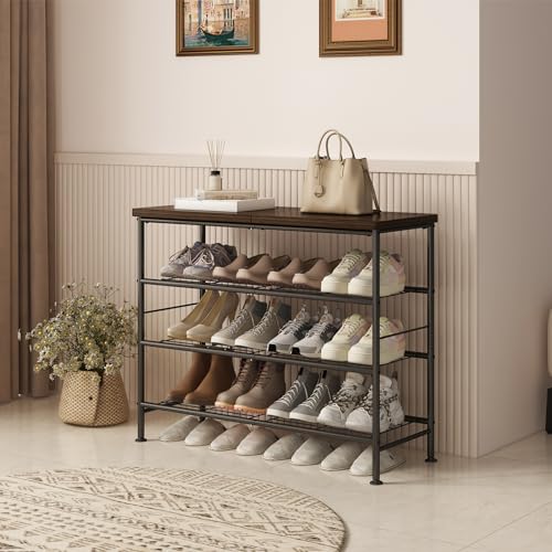 SUOERNUO Shoe Rack Organizer 4 Tier for Closet Entryway Free Standing Metal Storage Shoe Shelf with MDF Top Board，Black - color: Black+rustic Brown, size: Standard 4 Tier
