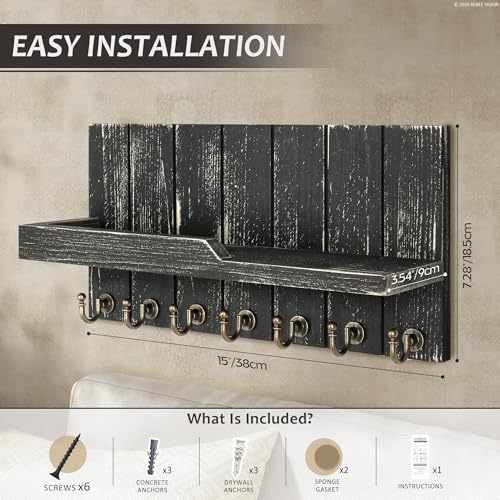 Rebee Vision Rustic Key Holder Wall Mount for Home Decor - Farmhouse Key Holder for Wall with Floating Shelf & 7 Sturdy Hooks - Stylish Mail Organizer to Tidy Apartment Essentials (Old Black) - color: Old Black, size: 15-inch