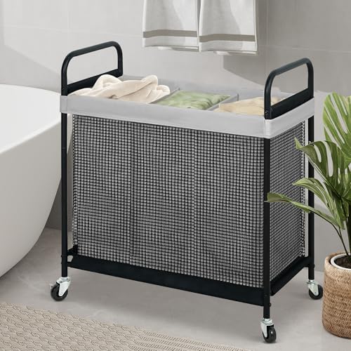 STO STO Laundry Hamper 3 Section, 120L Rolling Laundry Sorter Cart with Removable and Washable Liner Bag, Clothes Hamper with Wheels and Metal Handle for Laundry Room and Bedroom, Gray - color: Gray, size: 3-Section