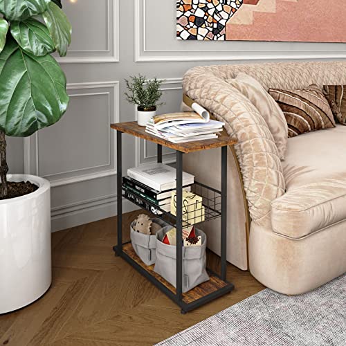 PROXRACER Side Table, 3-Tier End Table, Narrow Sofa Table Bedside Table, Small Nightstand with Storage Shelf for Living Room, Study, Bedroom, Rustic Brown - color: Brown, size: No Fence
