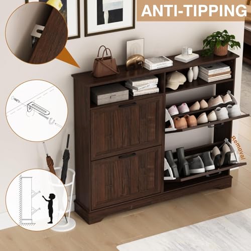 Shoe Storage Cabinet with 4 Flip Drawers, Farmhouse Modern Hidden Shoes Rack Cabinet with Adjustable Shelves & Open Storage, Narrow Slim Shoe Organizer for Front Door Entrance, Entryway, Walnut - color: Brown, size: 4-Drawers