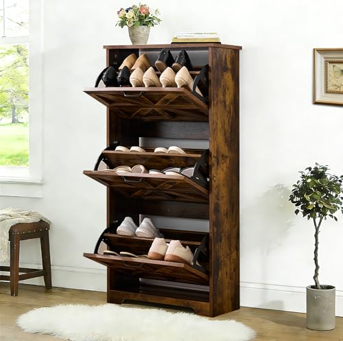 Shoe Storage Cabinet with 3 Flip Drawers, Farmhouse Shoe Organizer with Barn Door Design, Space-Saving Hidden Narrow Shoe Rack Cabinet for Entryway, Hallway & Foyer，Brown - color: Brown, size: 1 pcs-3 Flip Drawers