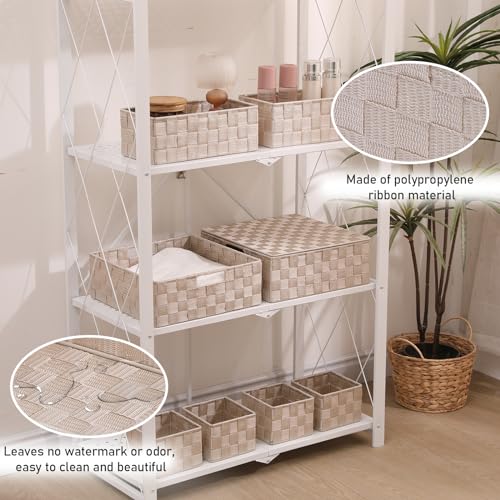 Storage Bins Woven Organizer with Lids Set of 8 – Polypropylene Storage Baskets with Metal Frame, Stackable Fabric Boxes for Drawers, Closet, Shelf, Nursery and Office, Beige - color: Beige, size: 8PCS-with lid