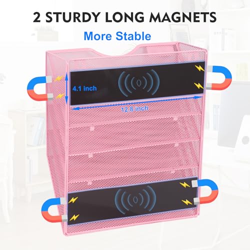 EASEPRES Magnetic 5 Pocket Mesh Hanging File Organizer, Wall Mounted Mail Paper Document Folder Holder, Clipboard Storage Organization Magazine Rack with Nametag Label for Office Home School, Pink - color: Pink, size: 5 Tier Magnetic