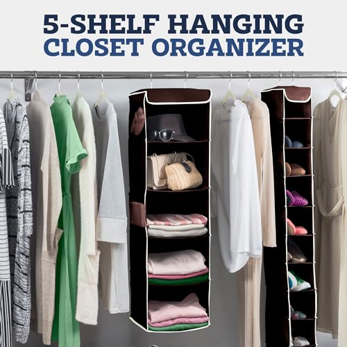 ZOBER Hanging Closet Organizer, 5-Shelf - Hanging Storage Organizer Shelves for Clothes, Towels, Toys - College Dorm Room, Nursery, & Home Closet - color: Java, size: 5-Shelf