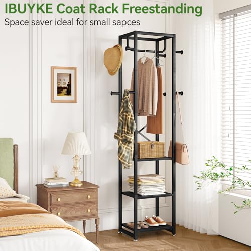 IBUYKE Coat Rack with Shelves, Freestanding Hall Tree with 3 Shelves and 8 Hooks, Industrial Clothes Stand for Entryway, Hallway, Bedroom, Black UTMJ088B - color: Black