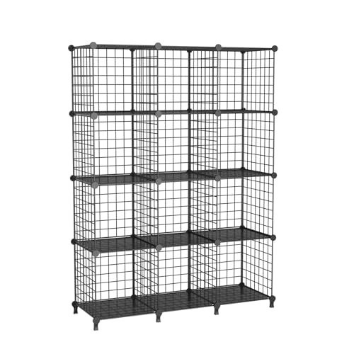12-Cube Storage Organizer, Metal Wire Cube Shelving Unit, 11.8" L x 11.8" W x 11.8" H, Modular Grid Bookshelf for Closet, Bedroom, Office, Black ATTJL12B - color: Black