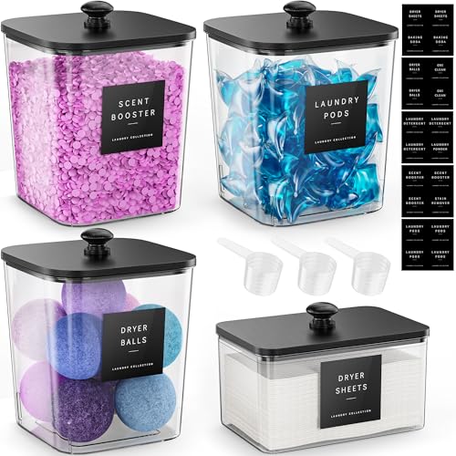 4 Pack Laundry Pods Container, Clear Laundry Room Organization Containers Essentials, Large Detergent Powder Storage Containers Black Wooden Lids & Labels Signs, Home Acrylic Laundry Pods Holder - color: Black, size: 4 pack