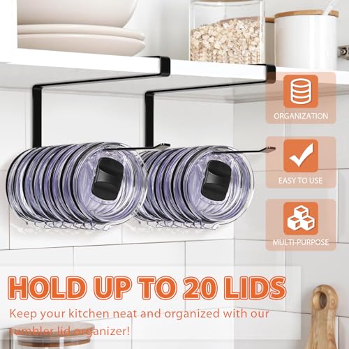 2 Pack Tumbler Lid Organizer, Horizontal Tumbler Lid Storage Hook to Hold Up 20 Lids, Space Saving Cup Lid Holders Under Cabinet Tumbler Lid Hook for Kitchen Organizer, Paper Towel Rack Hanger (Black) - color: Black, size: 2 Pack
