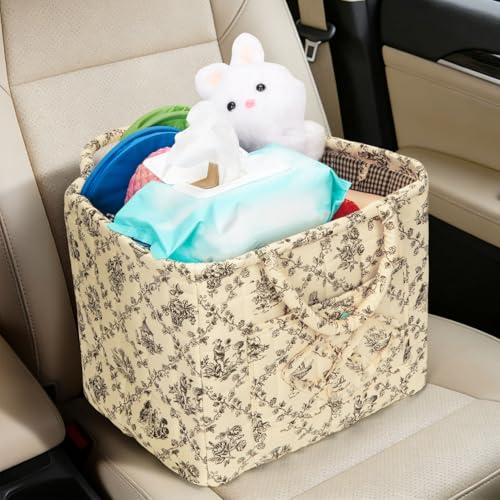 Quilted Fabric Basket Foldable Car Storage Boho Floral Laundry Basket Hamper for Nursery Bedroom & Living Room | Organize Clothes Toys - color: Beige French Manor