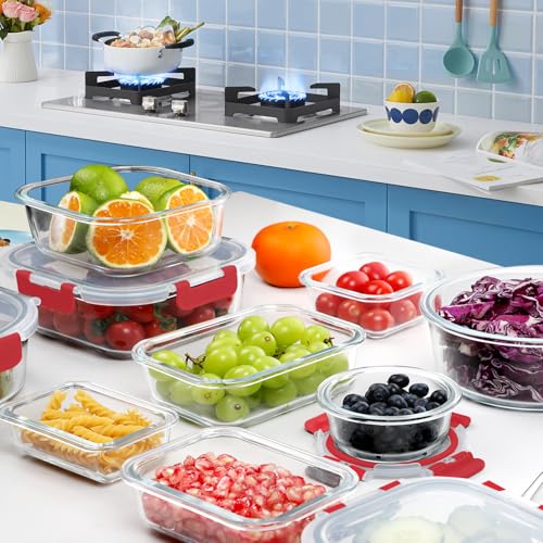 VERONES 30 Pieces Glass Meal Prep Containers Set, Stackable Glass Food Storage Containers with Lids-Airtight Lunch Containers，for Microwave, Oven, Freezer & Dishwasher,Red - color: Red