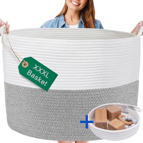 XXXL WASHABLE Large Blanket Basket 85L 2PCs Handmade Decorative Woven Baskets for Storage - Soft Durable XXX Large Cotton Rope Blanket Storage for Living Room, Toys, Organizer 22" x 14" (Grey/White) - color: Grey and White, size: XXXL