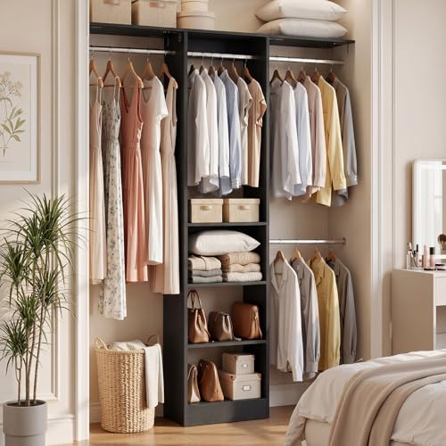 Cyclysio 4FT Small Closet System, 80"H Closet Organizer System with 4 Closets Rods & 3 Shelves, 48" Closets Organizers and Storage for Small Bedrooms, Laundry Rooms, Cloakrooms, Black - color: Black