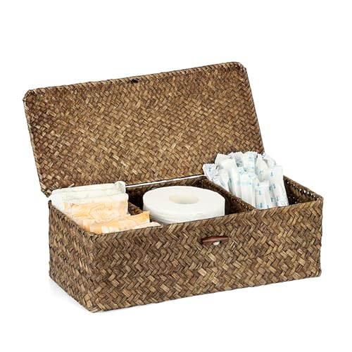 Sumnacon Seagrass Storage Basket with Lid Wicker Storage Baskets with Sections,Small Woven Shelf Basket for Toiletries Tampon, Seagrass Basket for Shelf Bathroom Toilet Table Counter,Coffee - color: Coffee, size: Medium
