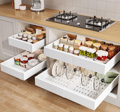 Seinloes 4 Pack Pull out Cabinet Organizer 21"Deep with Raising Pad for Framed Cabinets, Expandable Slide out Drawers for Kitchen Cabinets with 4pcs Divider Racks, Roll out Shelves 12.1"-20.4" W White - color: White, size: 12.1"-20.4"W x 21"D(4Pack)