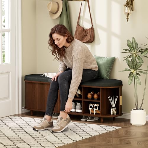 DHH 2-Tier Storage Bench,Wide Shoe Bench with Thickened Padded Seat Cushion, Mid Century Modern Fluted Sliding Door and Adjustable Shelf, for Entryway, Living Room, Bedroom (Walnut, 51.2”) - color: Walnut, size: 51.2 inch