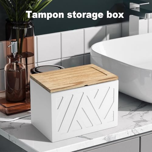 Tampon Holder for Bathroom, Feminine Product Organizer, Pad Organize Case with Lid, Shark Week Wooden Tampon Storage Decor, Lady Girl Stuff Box for Toilet Bathroom Accessories- White - color: White