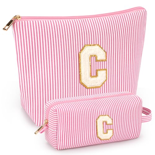 2 PCS Initial Makeup Bags for Women: Cosmetic Bag for Travel Toiletry - Birthday Gifts for 11 12 13 14 15 16 17 18 Years Old Girl Graduation Teacher Gift- Teen Girl Gifts Trendy Stuff - Pink C - color: Pink, style: C