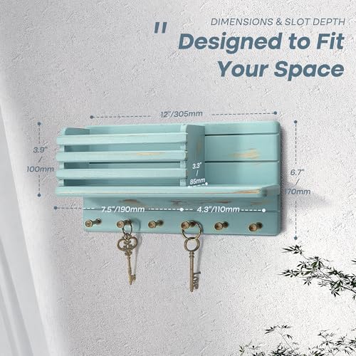 Rebee Vision Pine Wood Key Holder Wall Mount for Home Decor - 6 Hooks for Hats, Essential Home Organizer - Farmhouse Key Holder for Wall Mail Slot Can Store Letters & Files (Blue) - color: Blue