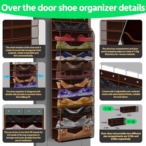 PAULONE 12 Pocket Over the Door Shoe Organizer,Reusable Breathable Large Mesh Bag Men's & Women's Sneaker Organizer,Shoe Organizer for Kids,Hanging Shoe Storage Hanging Bag (Coffee brown) - color: 12th Floor-Coffee brown