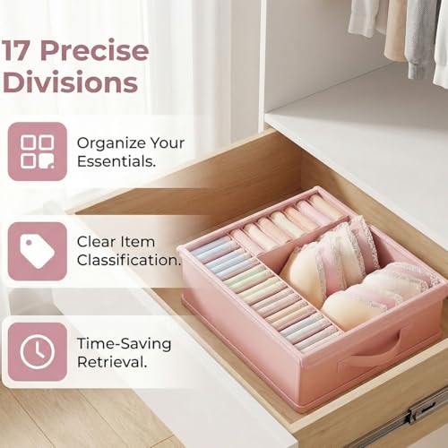 2 Pack Drawer Organizer Dividers with Lid, 17 Cell Underwear Organizer for Closet Organizers and Storage Boxes, Foldable Wardrobe Clothes Storage Bins for Underwear, Socks, Bras, Ties, Lingerie - color: Pink