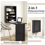 Tangkula Foldable Wall Mounted Desk, Floating Desk with Storage Shelves & Hooks, Space-Saving Fold-Up Murphy Table for Small Spaces, Home Office, Dorm Room - color: Black