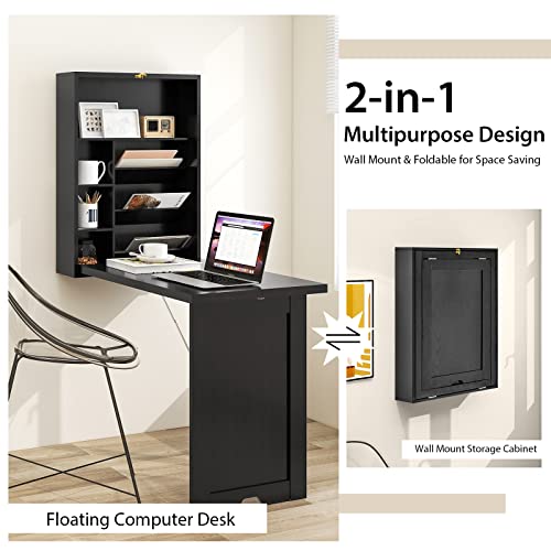 Tangkula Foldable Wall Mounted Desk, Floating Desk with Storage Shelves & Hooks, Space-Saving Fold-Up Murphy Table for Small Spaces, Home Office, Dorm Room - color: Black