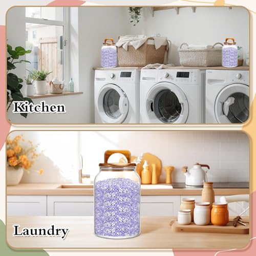SiliFine 4 Pcs 64oz Glass Laundry Storage Containers with Handle Wooden Lid and Scoop Set-2 Pcs Laundry Room Organization Jars and 2 Multipurpose Wooden Spoon, Glass Beads Canisters Set