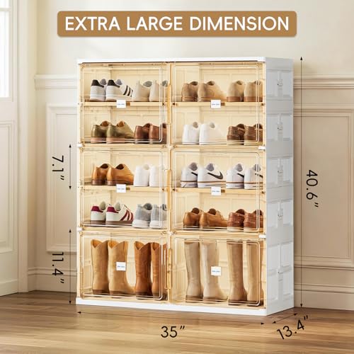 JEKO&JEKO 5 Tiers Foldable Boot and Shoe Storage Rack Cabinet for Closet Entryway, Large Collapsible Shoe Organizer with Magnetic Doors (White) - color: Double-row, size: 5 Tiers (4+1 Boots)