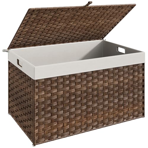 HOOBRO Storage Basket with Lid, 42.3 Gallon (160L) Wicker Basket, Handwoven Blanket Storage Basket with Handles, Metal Frame and Soft Lining, Foldable for Bedroom, Laundry Room, Brown BR216CW01 - color: Brown, size: 29.9"L x 17.7"W x 18.1"H