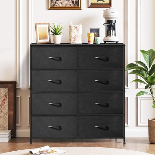 8-Drawer Dresser for Bedroom, Anti-Tip Tall Storage Organizer Chest of Drawers with Wooden Top and Metal Frame Fabric Bins for Closet, Living Room, Hallway, Entryway, Black - color: Black, size: 11.8"D x 31.4"W x 36.3"H (8 Drawers)