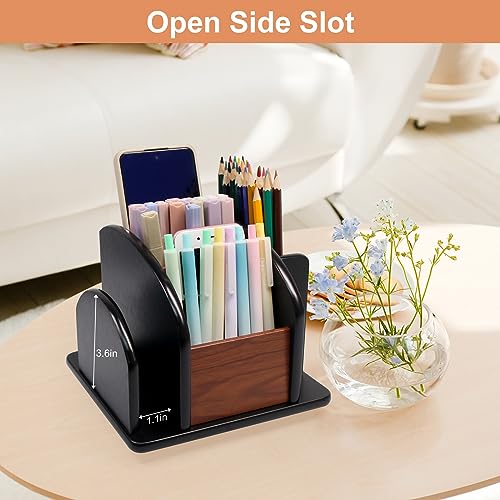 Coideal Remote Control Holder Caddy - Wooden Rotating Coffee Table Organizer Large Spinning Wood Remote Holder for Living Room Office (6 Compartments, Brown & Black) - size: 6 compartments