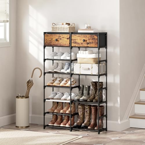 Tall Shoe Rack, 8 Tier Shoe Rack Organizer with 2 Large Drawers, Shoe Storage for 28-32 Pairs, Sturdy Metal Shoe Shelf Shoe Stand for Closet Entryway, Rustic Brown and Black - color: Rustic Brown and Black, size: 8 Tier
