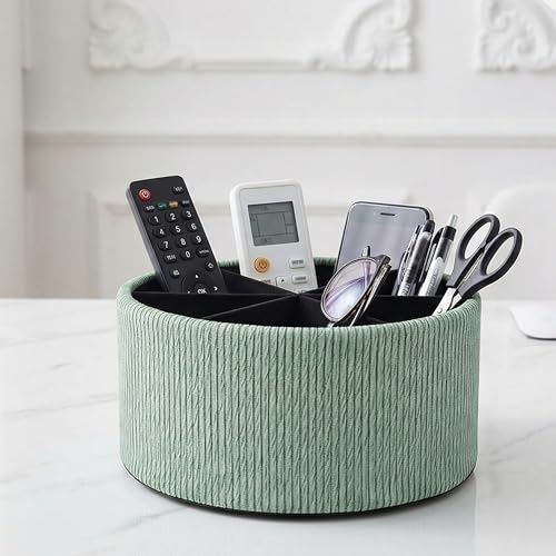 Remote Control Holder, 360°Spinning PU Leather Desk TV Remote Caddy,Desk Storage Box Room Accessories for Controller, Media,Mail,Calculator, Mobile Phone,Pencil(1-Big Wood Green) - color: 1-Big Wood Green