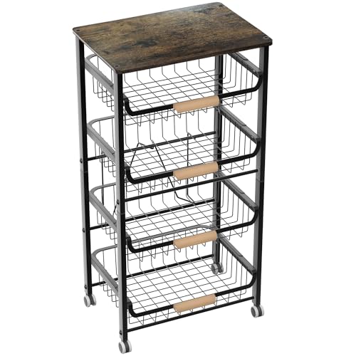 NiuYichee 5-Layer Fruit Basket Kitchen Food Organizer and Rack, Stackable Storage Cart with Desktop, Pull-Out Hollow Metal Basket, Wheeled Sorting Rack Spice Rack, Black - color: Black 5-layer Rack