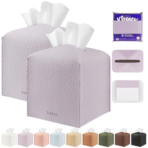 Tissue Box Cover Holder Square Tissue Cube Cover PU Leather Tissue Organizer with Bottom Belt for Bathroom, Tabletop, Car, Night Stands, Office, Home, Kitchen (2, Violet) - color: Violet